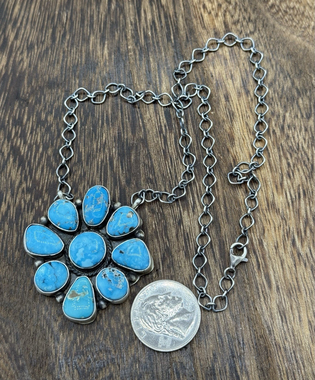 Navajo Handmade Sterling Silver Blue Ridge Turquoise Cluster Bar Necklace 18”