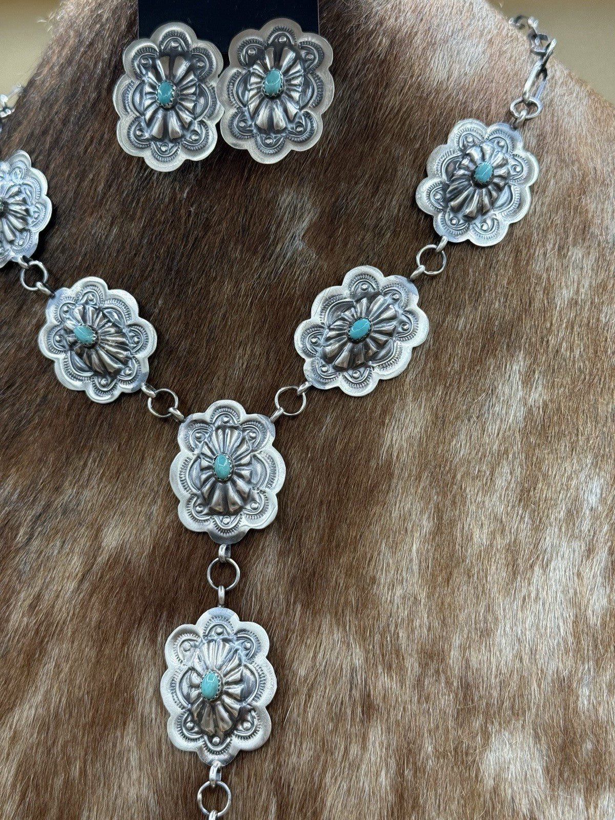 Navajo Handmade Sterling Silver Stamped Concho Turquoise Lariat Necklace Set 20”