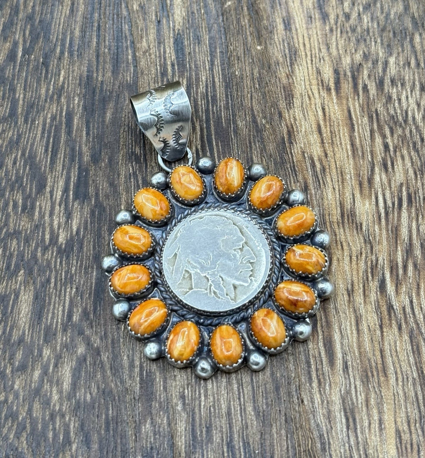 Navajo Handmade Sterling Silver Orange Spiny Oyster Cluster Buffalo Coin Pendant