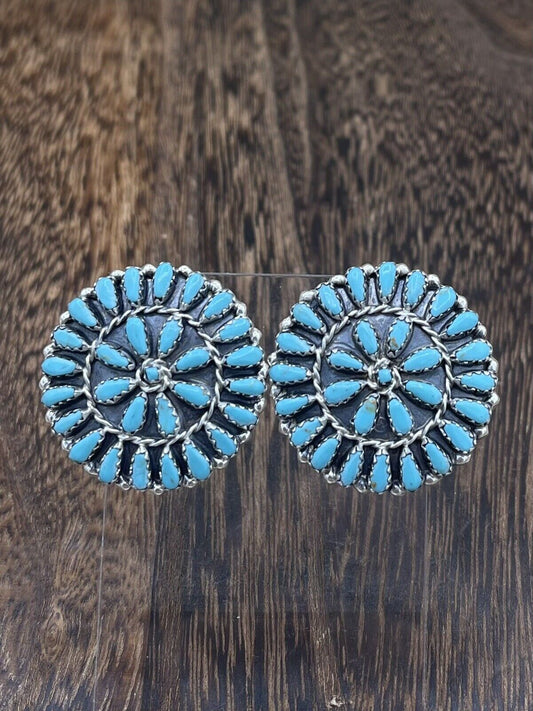 Native American Navajo Handmade Sterling Silver Turquoise Cluster Post earrings