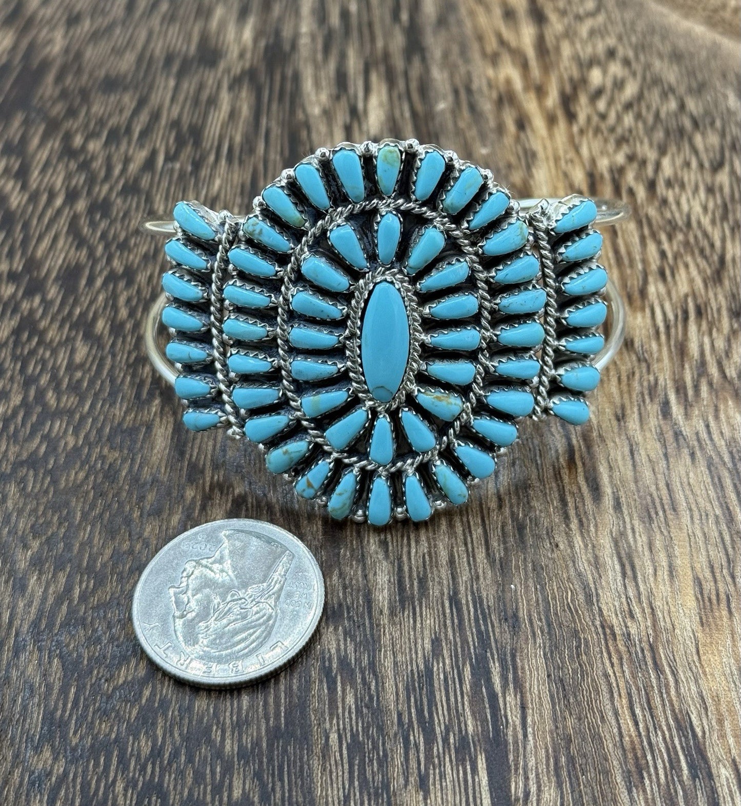 Native American Navajo Handmade Sterling Silver Turquoise Cluster Cuff Bracelet