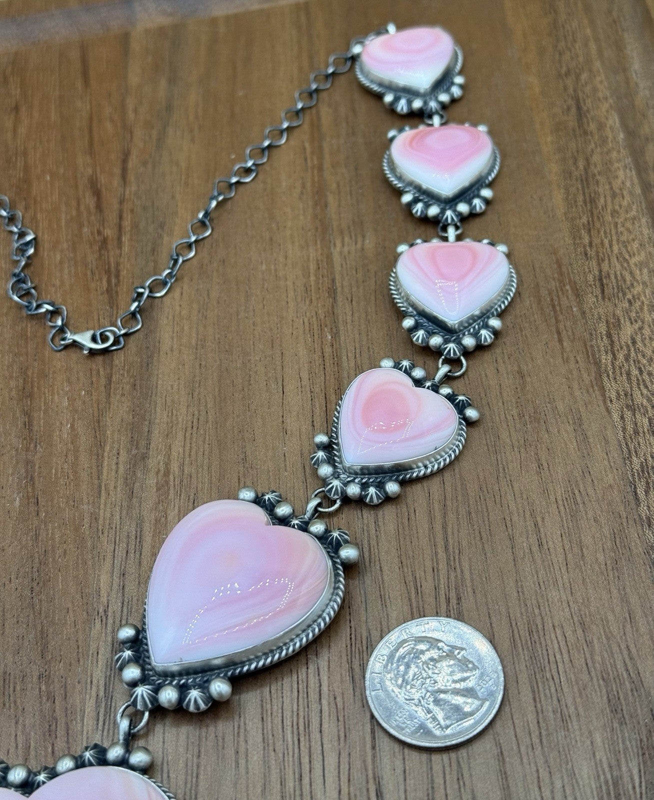 Native Navajo Handmade Sterling Silver Pink Conch Shell Y Lariat Necklace 25”