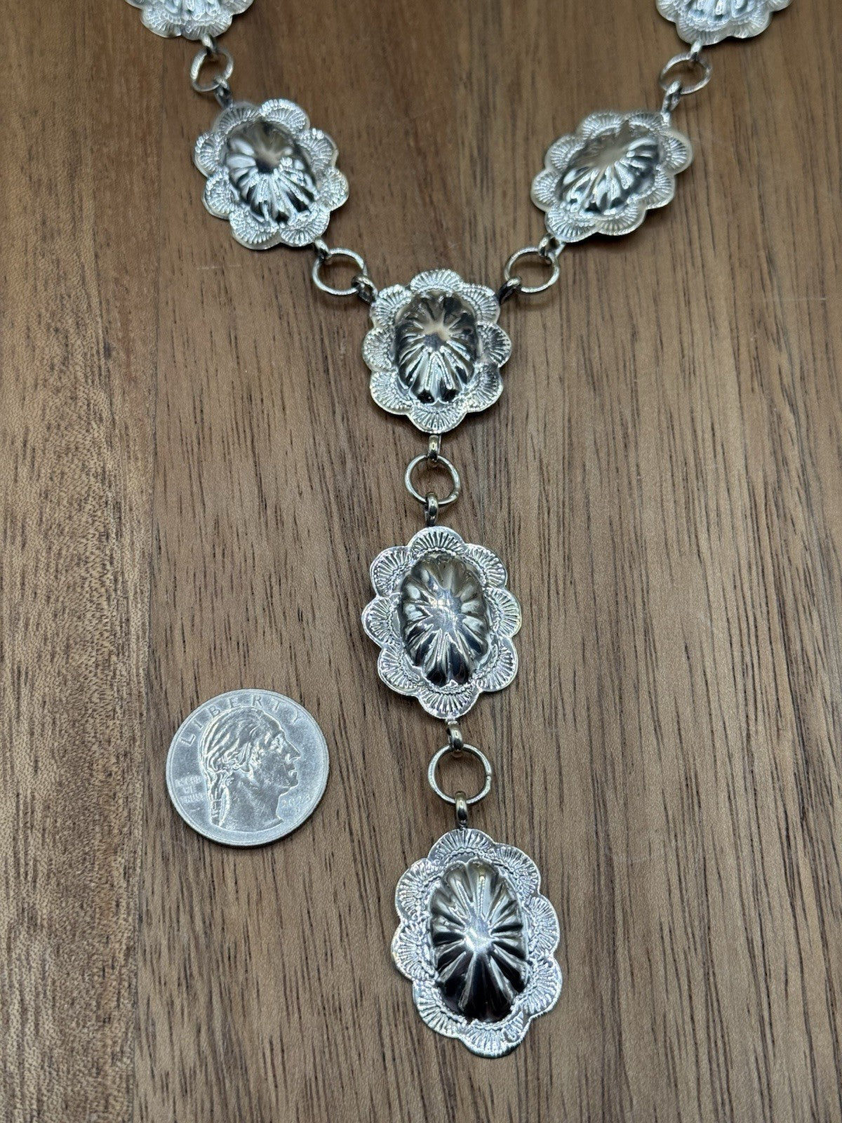 Navajo Handmade Sterling Silver Stamped Concho Shiny Lariat Necklace Set 24”