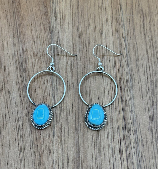 Navajo Handmade Sterling Silver Kingman Turquoise Hoop Dangle Drop Earrings