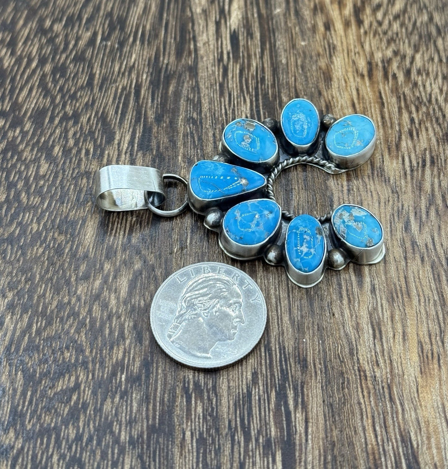 Native Navajo Handmade Sterling Silver Blue Ridge Turquoise Cluster Naja Pendant