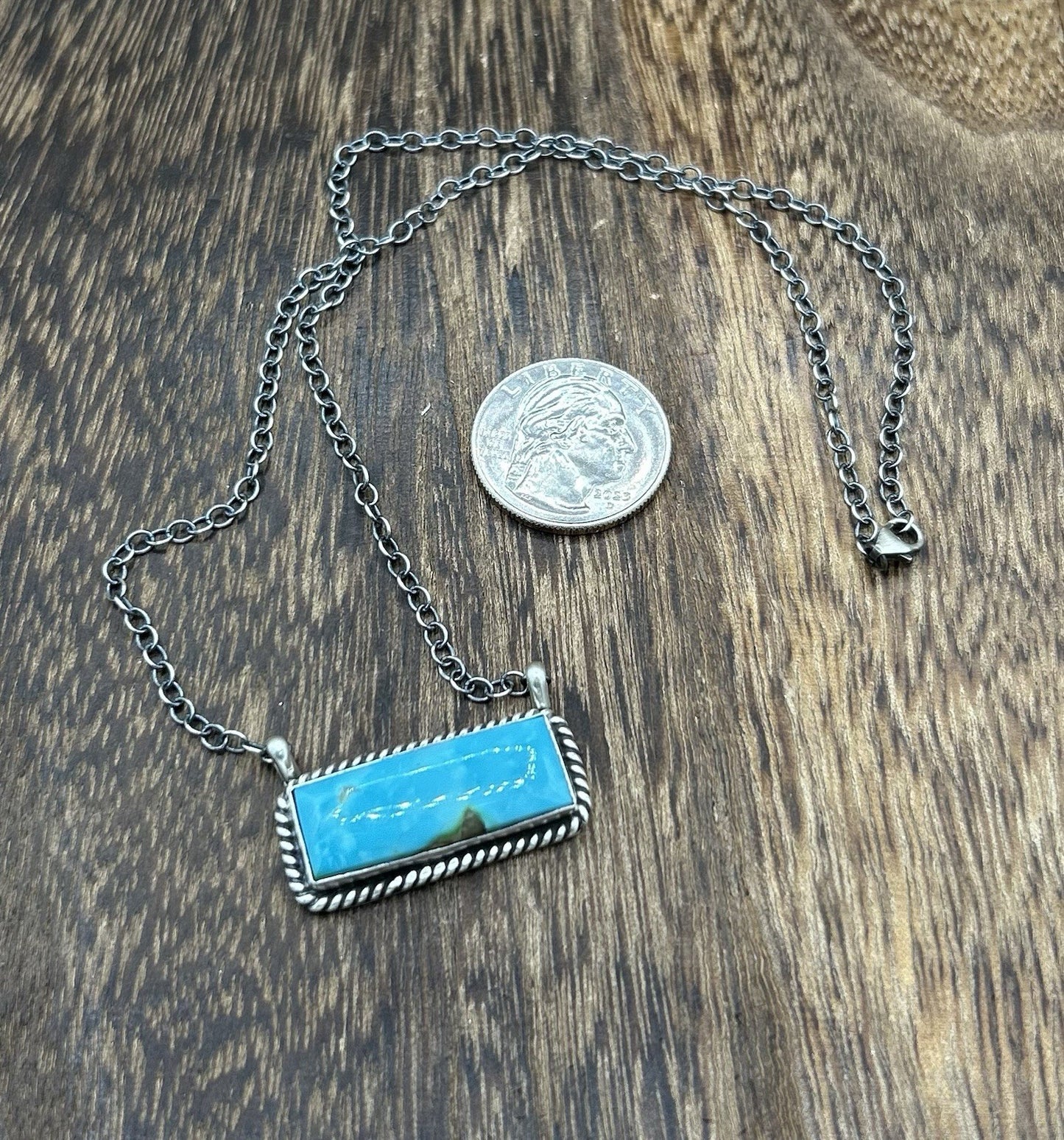 Navajo Handmade Sterling Silver Kingman Turquoise Bar Necklace 16”