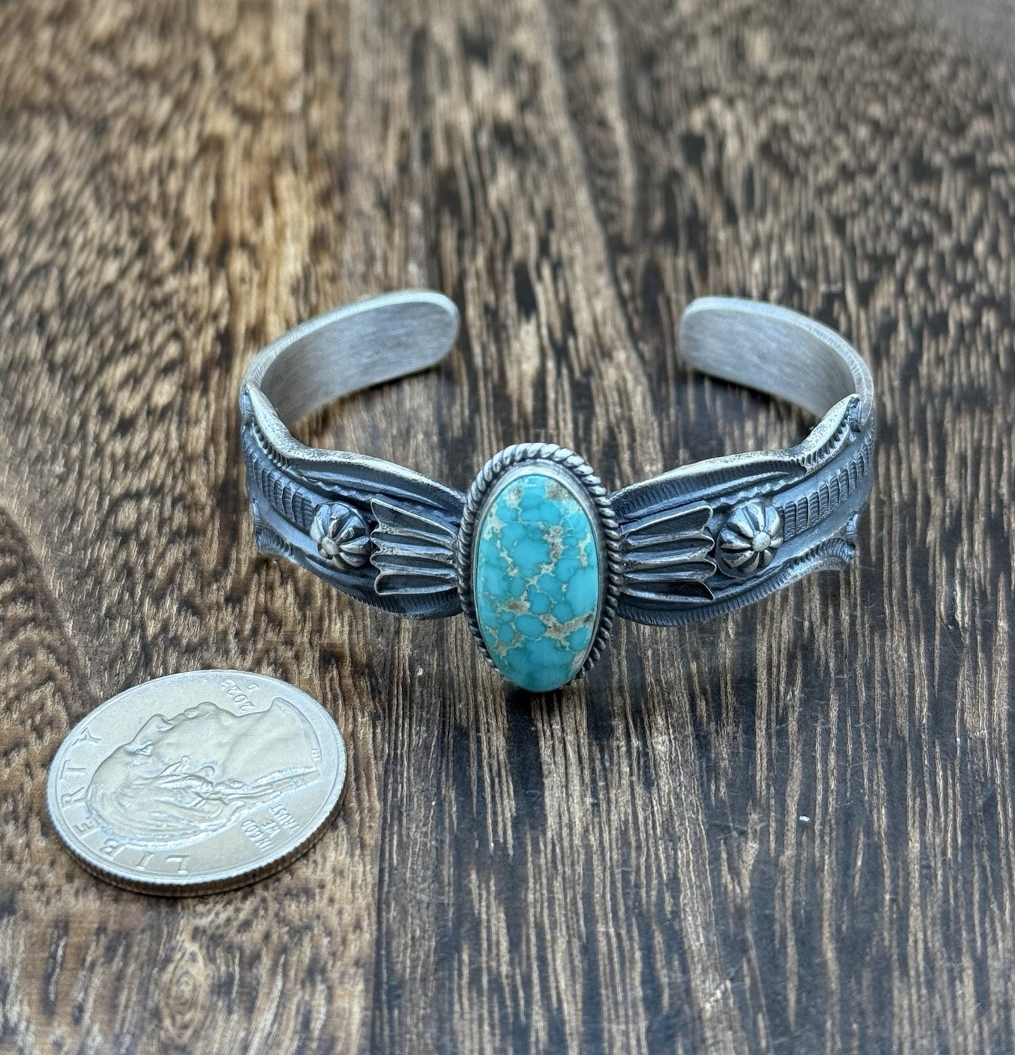 Navajo Handmade Sterling Silver Emerald Valley Turquoise Old look Cast Bracelet