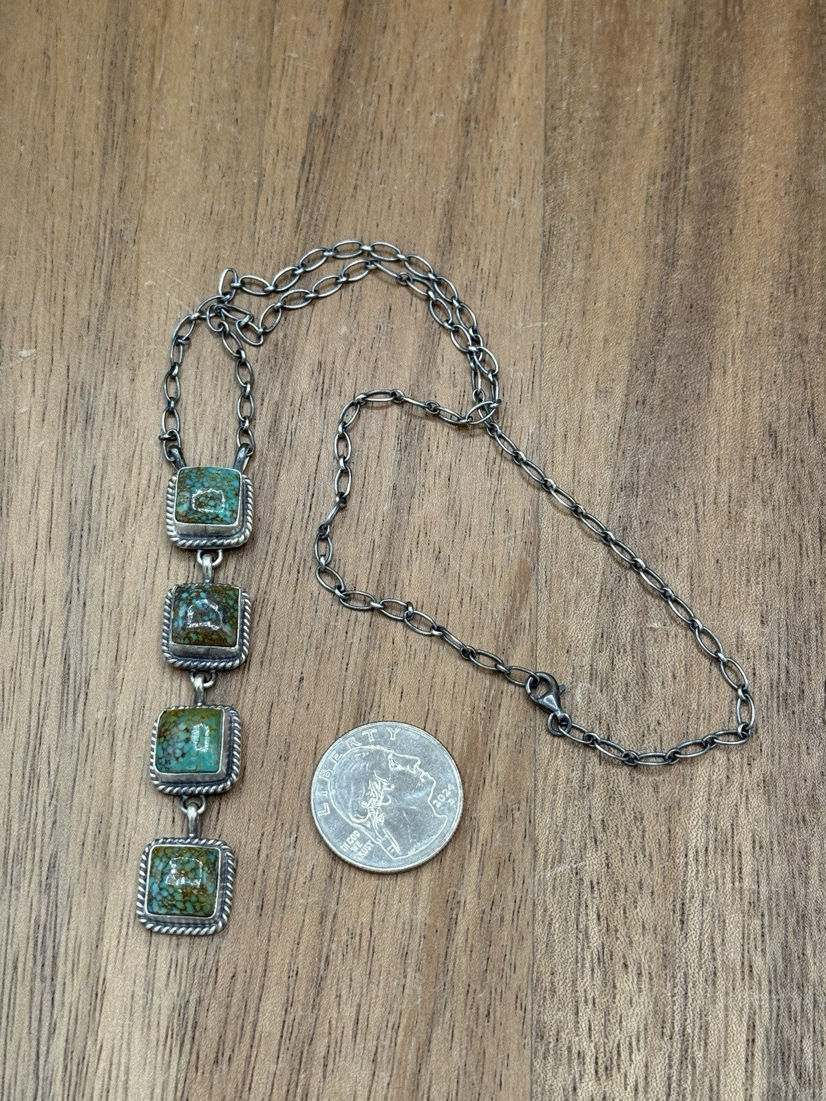Native Navajo Handmade Sterling Silver Kingman Turquoise Lariat Necklace 18”
