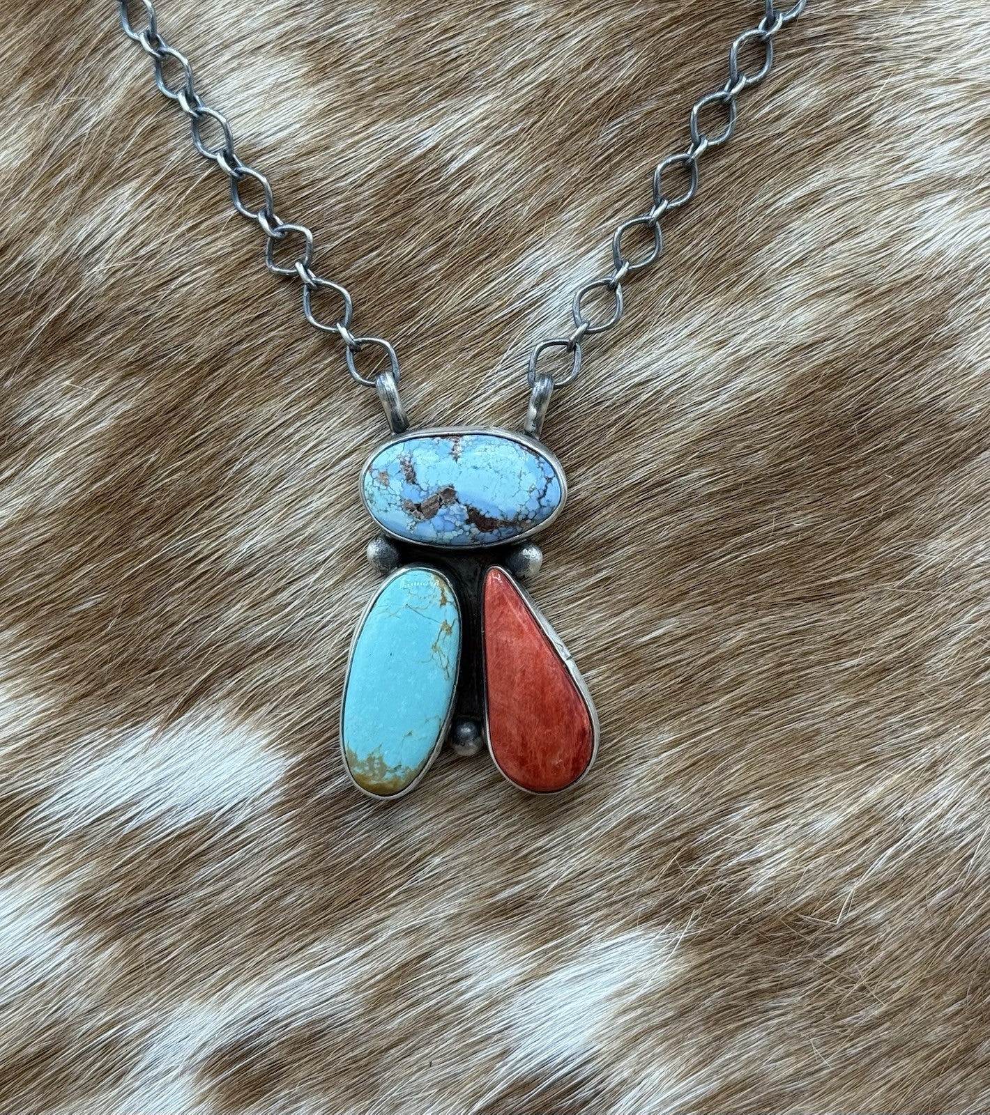 Navajo Handmade Sterling Silver Multi stone Turquoise  Cluster Bar Necklace 18”