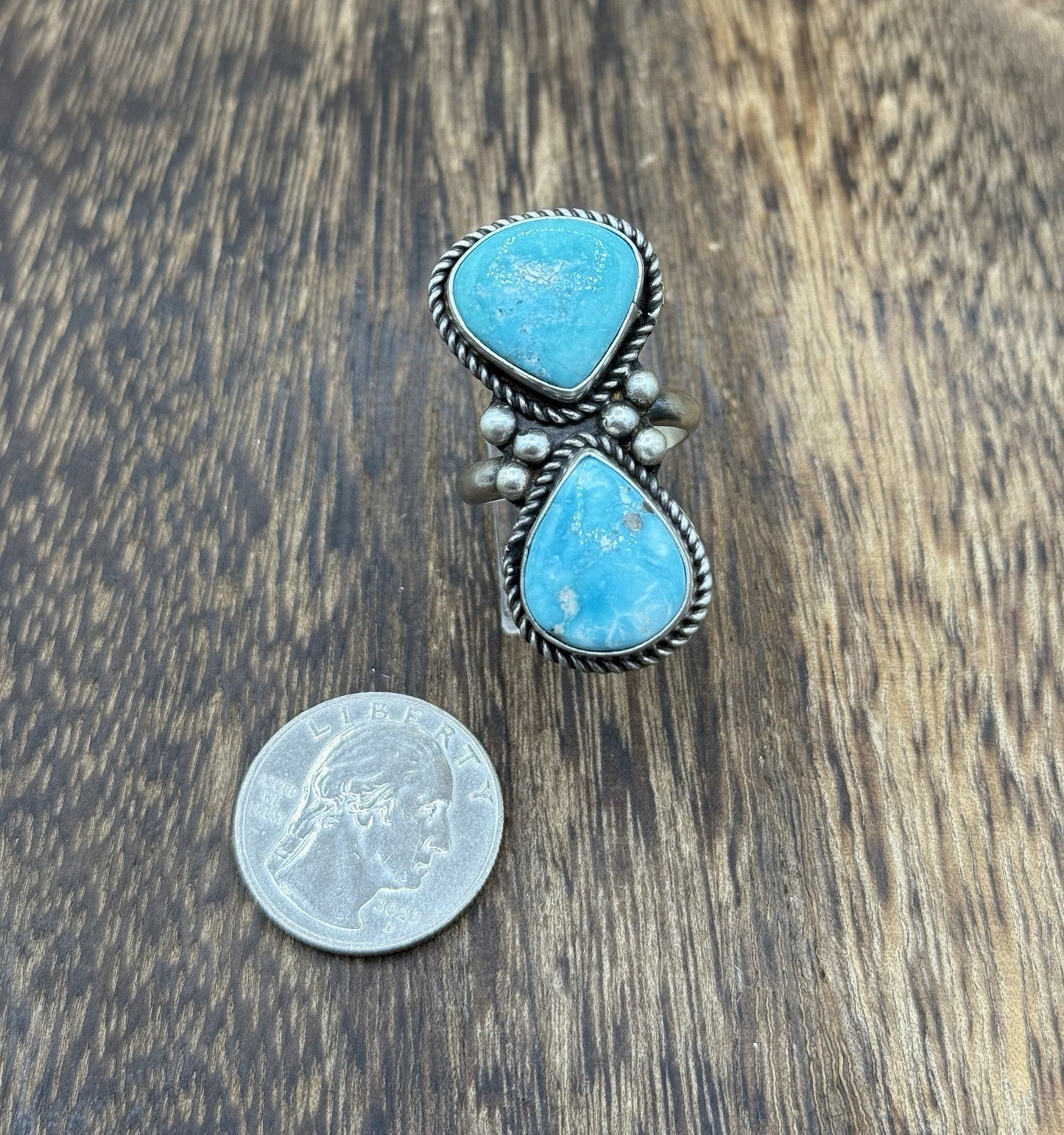 Navajo Handmade Sterling Silver White Water Turquoise Adjustable Ring Size 7 - 9