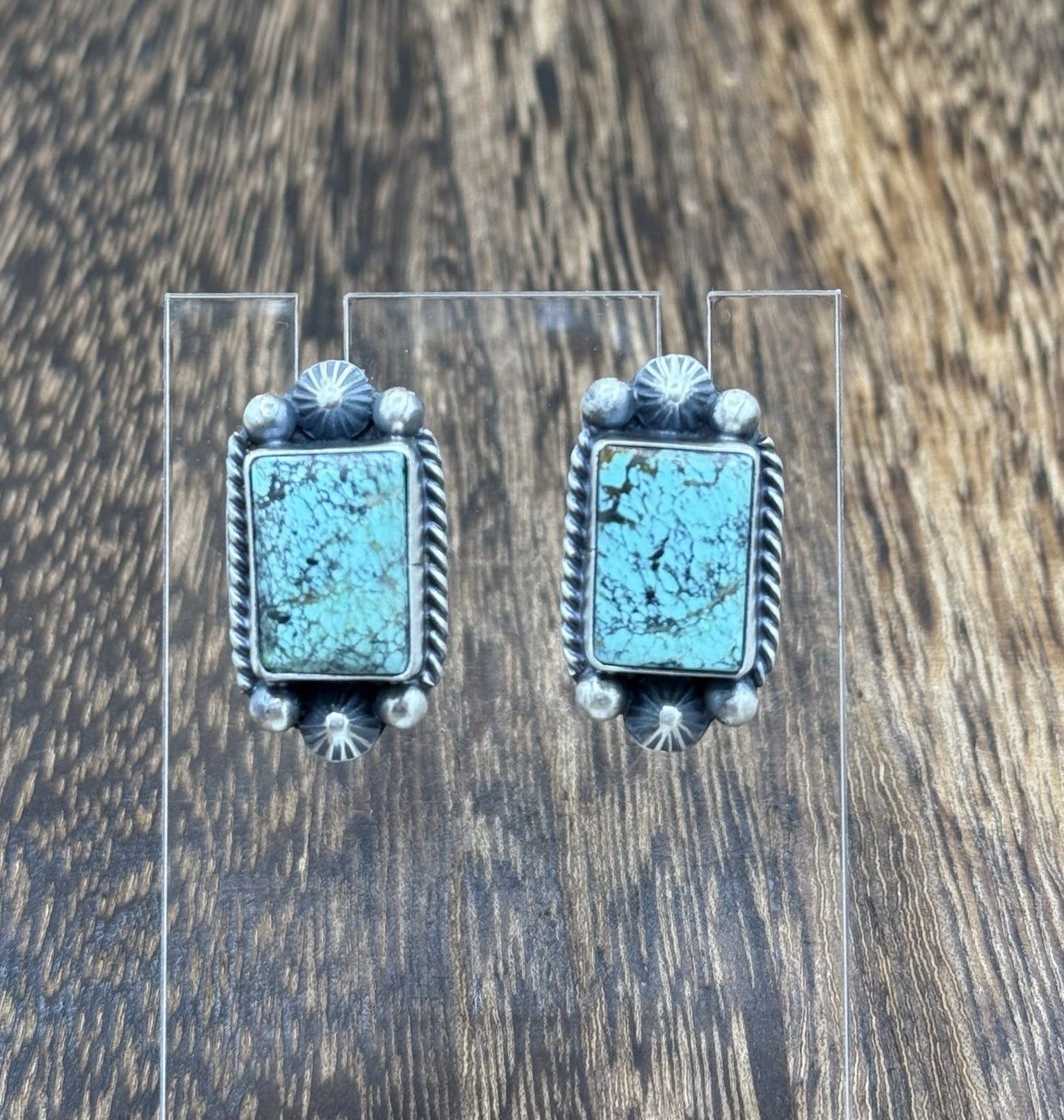 Navajo Handmade Sterling Silver Blackjack Turquoise Old Look Post Stud Earrings