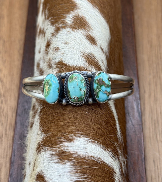 Navajo Handmade Sterling Silver Sonoran Gold Turquoise Cluster Cuff Bracelet