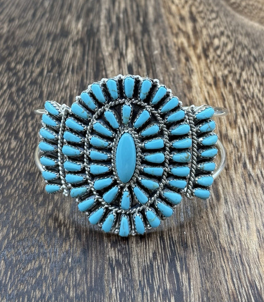 Native American Navajo Handmade Sterling Silver Turquoise Cluster Cuff Bracelet