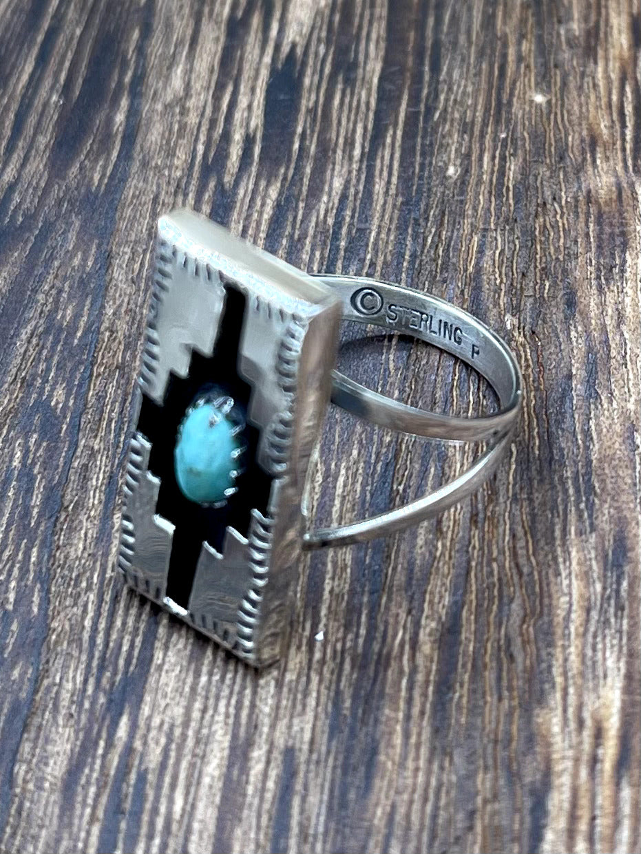 Native American Navajo Handmade Silver Band shadowbox Turquoise Ring Felix Perry