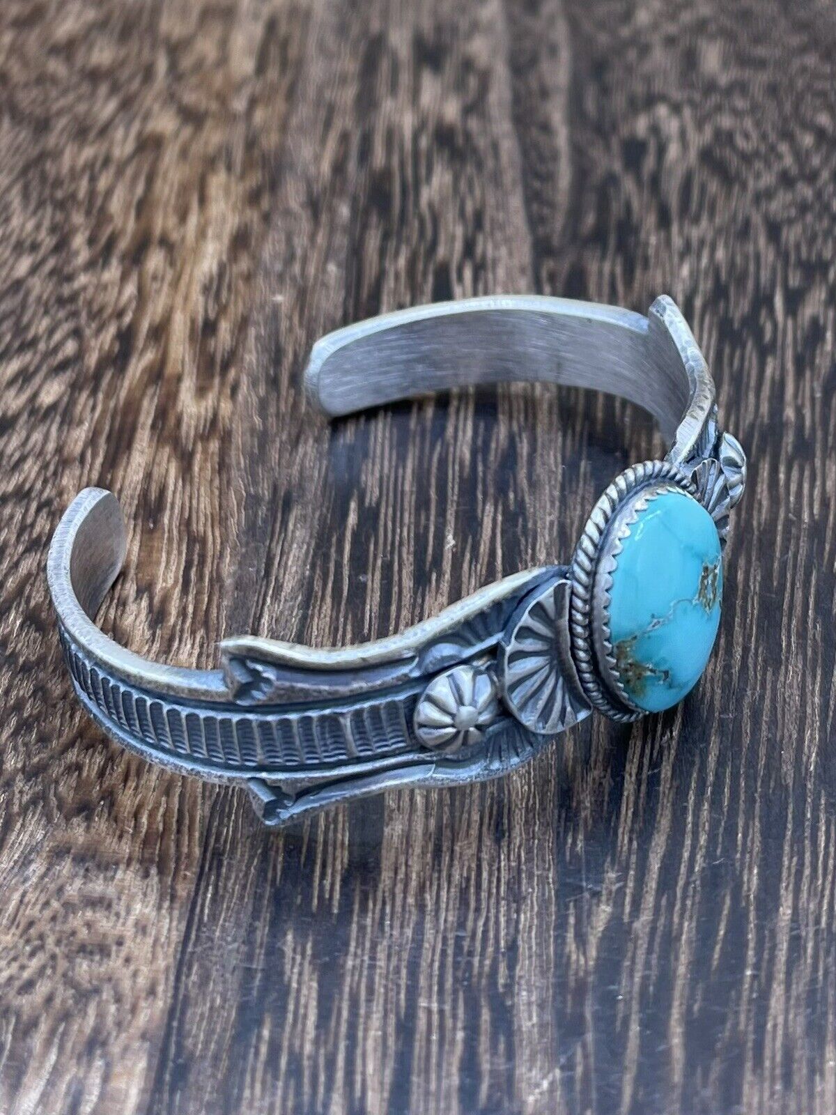 Native American Navajo Handmade Silver Kingman Turquoise Old look Bracelet