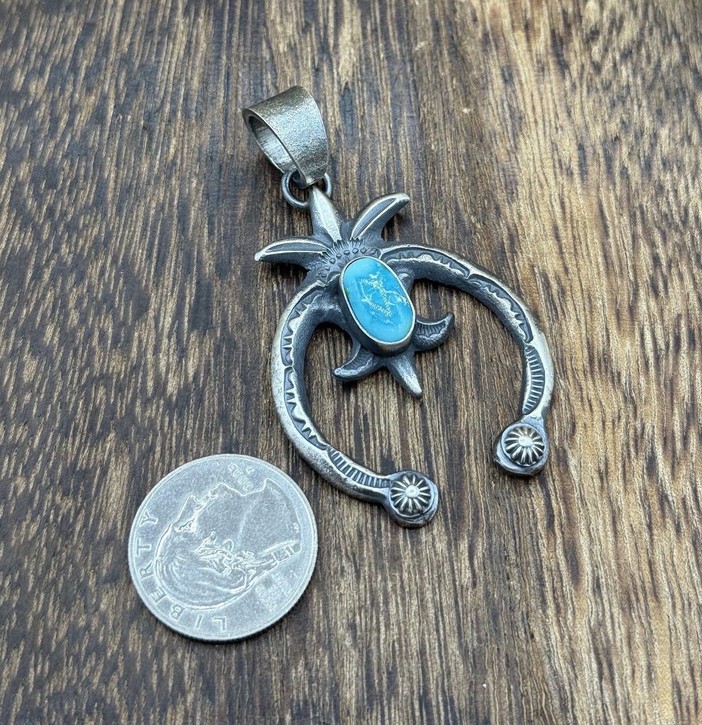 Navajo Handmade Sterling Silver Old Look Sonoran Gold Turquoise Naja Pendant