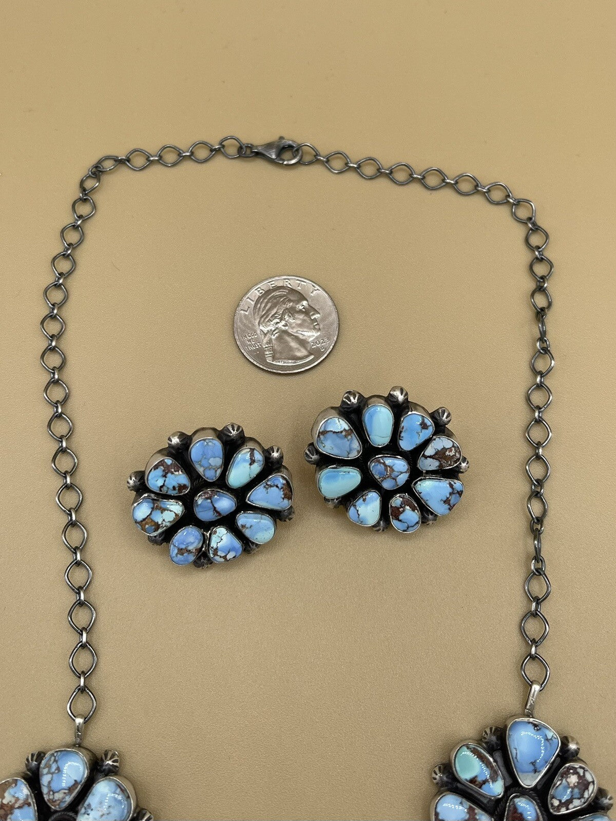 Native Navajo Handmade Silver Golden Hills Turquoise Cluster Lariat Necklace 24”