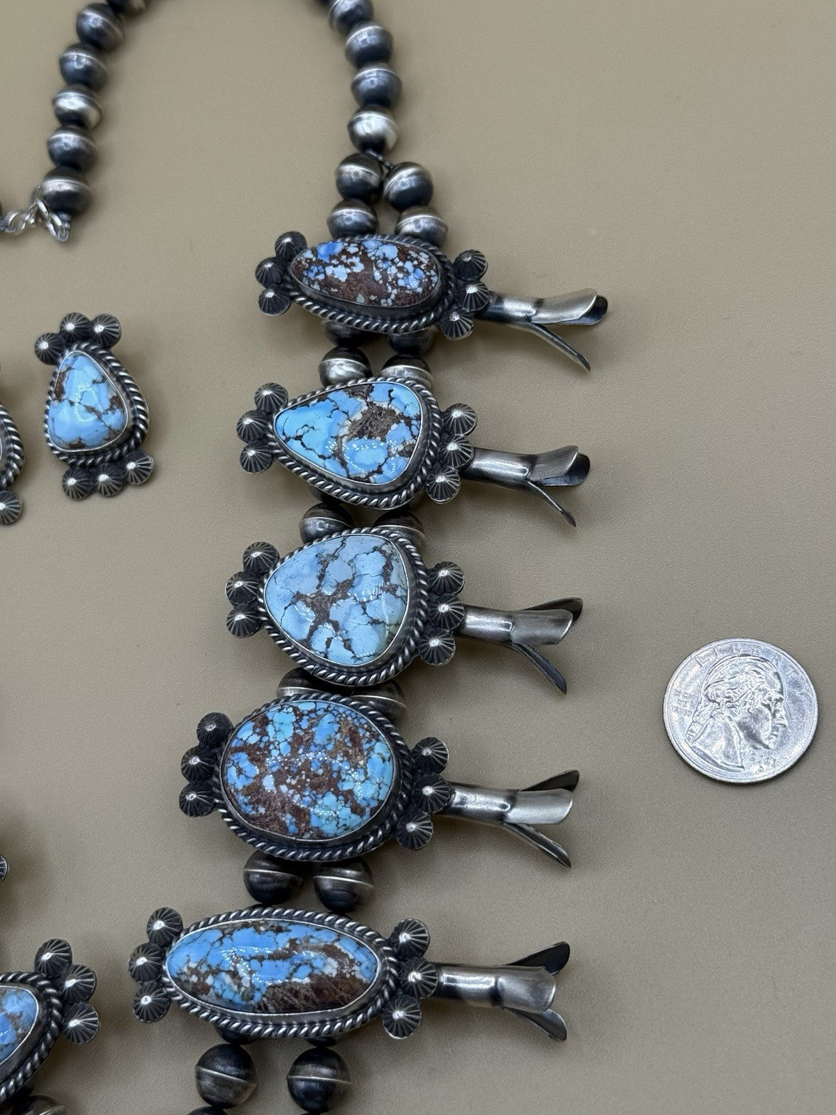 Navajo Handmade Sterling Silver Blue Ridge Turquoise Squash Blossom Necklace