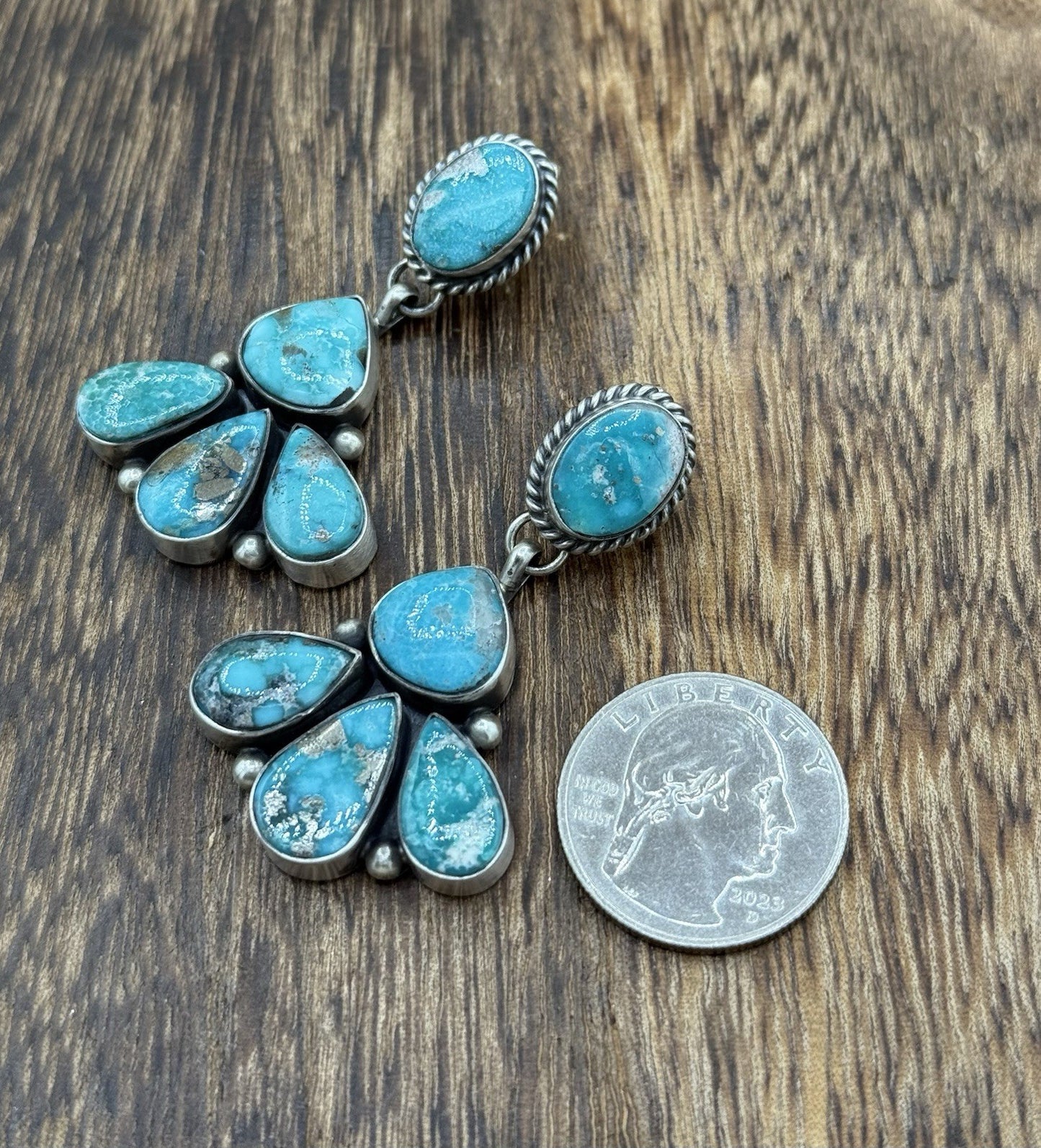 Navajo Handmade Sterling Silver Blue Bird Turquoise Cluster Post Dangle Earrings