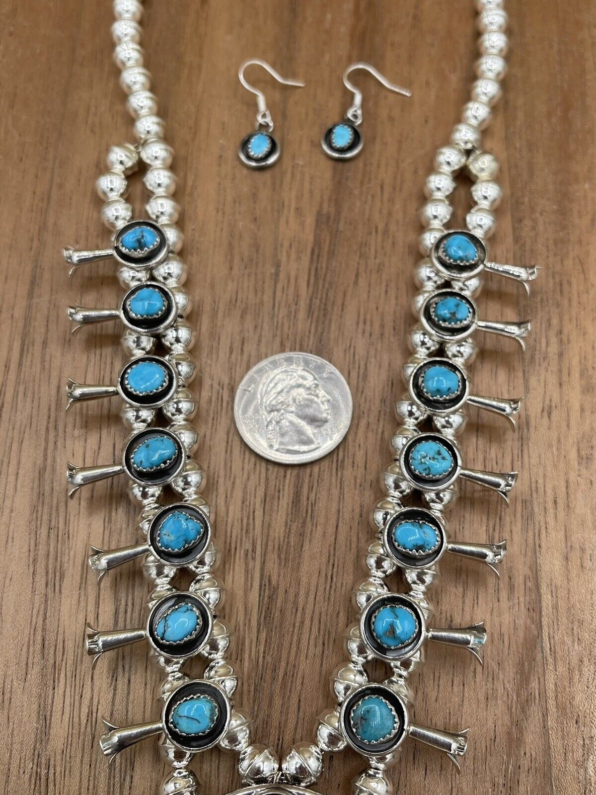 Native American Navajo Handmade Silver Kingman Turquoise Squash Blossom Set 18”