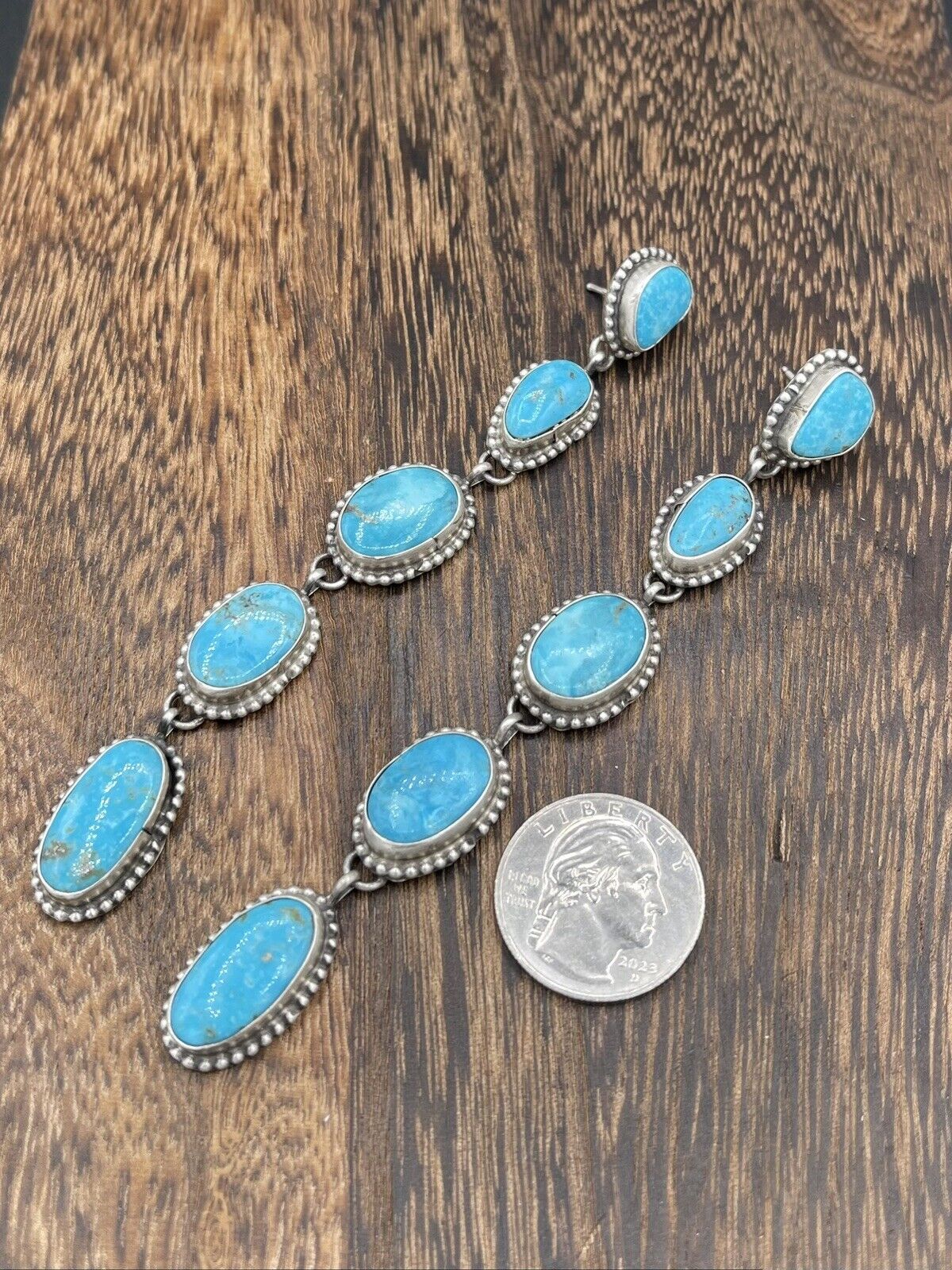 Native American Sterling Silver Navajo Handmade Natural Turquoise Dangle Earring