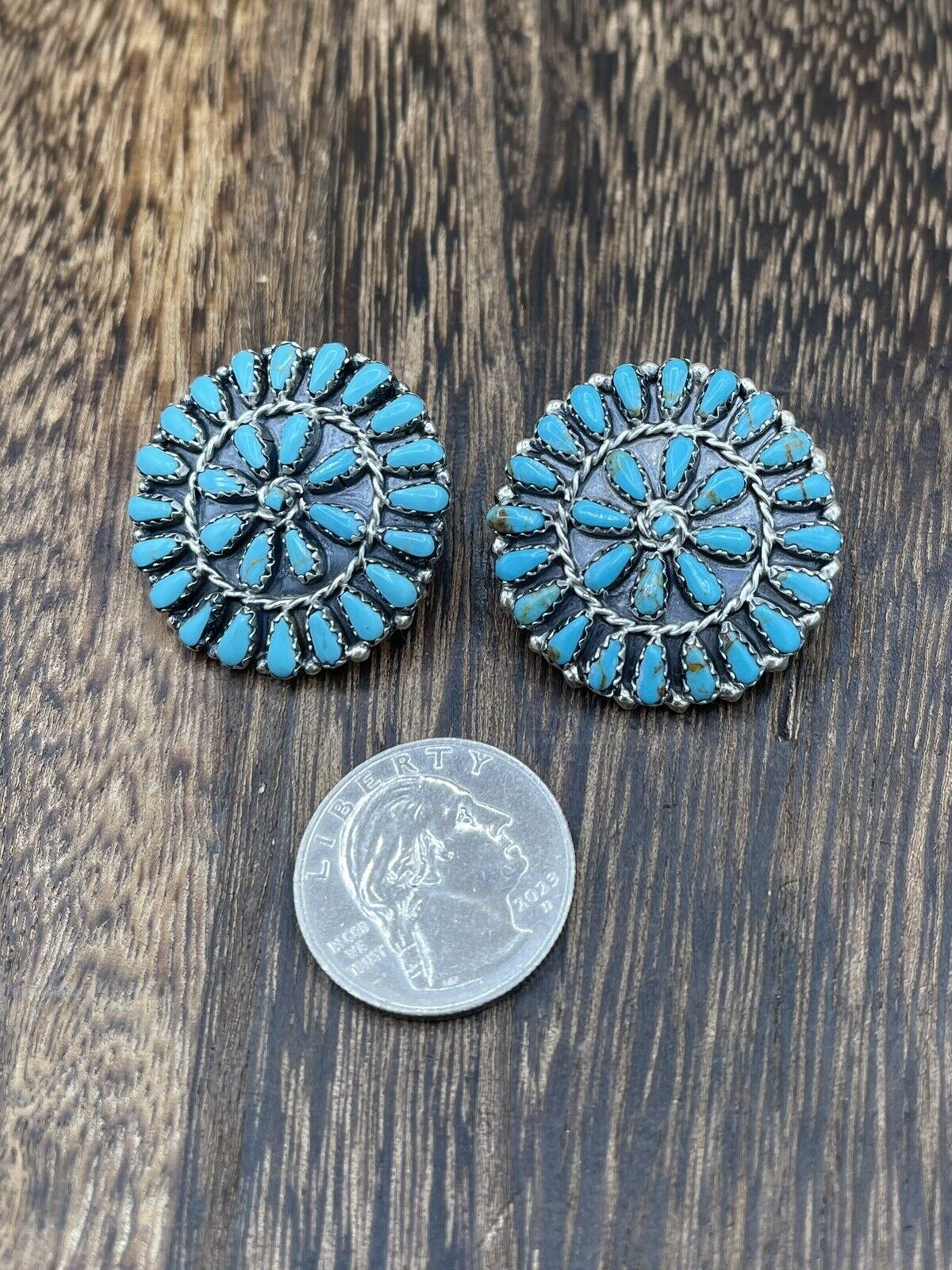 Native American Navajo Handmade Sterling Silver Turquoise Cluster Post earrings