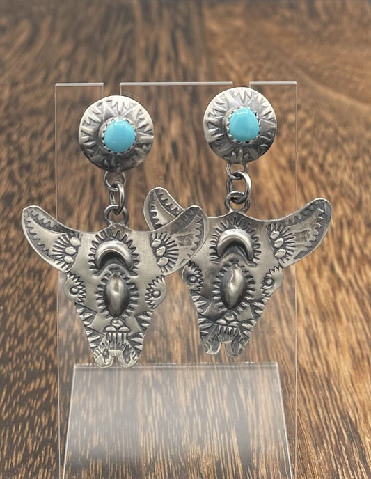 Native American Sterling Silver Navajo Handmade Oldlook Turquoise Earrings