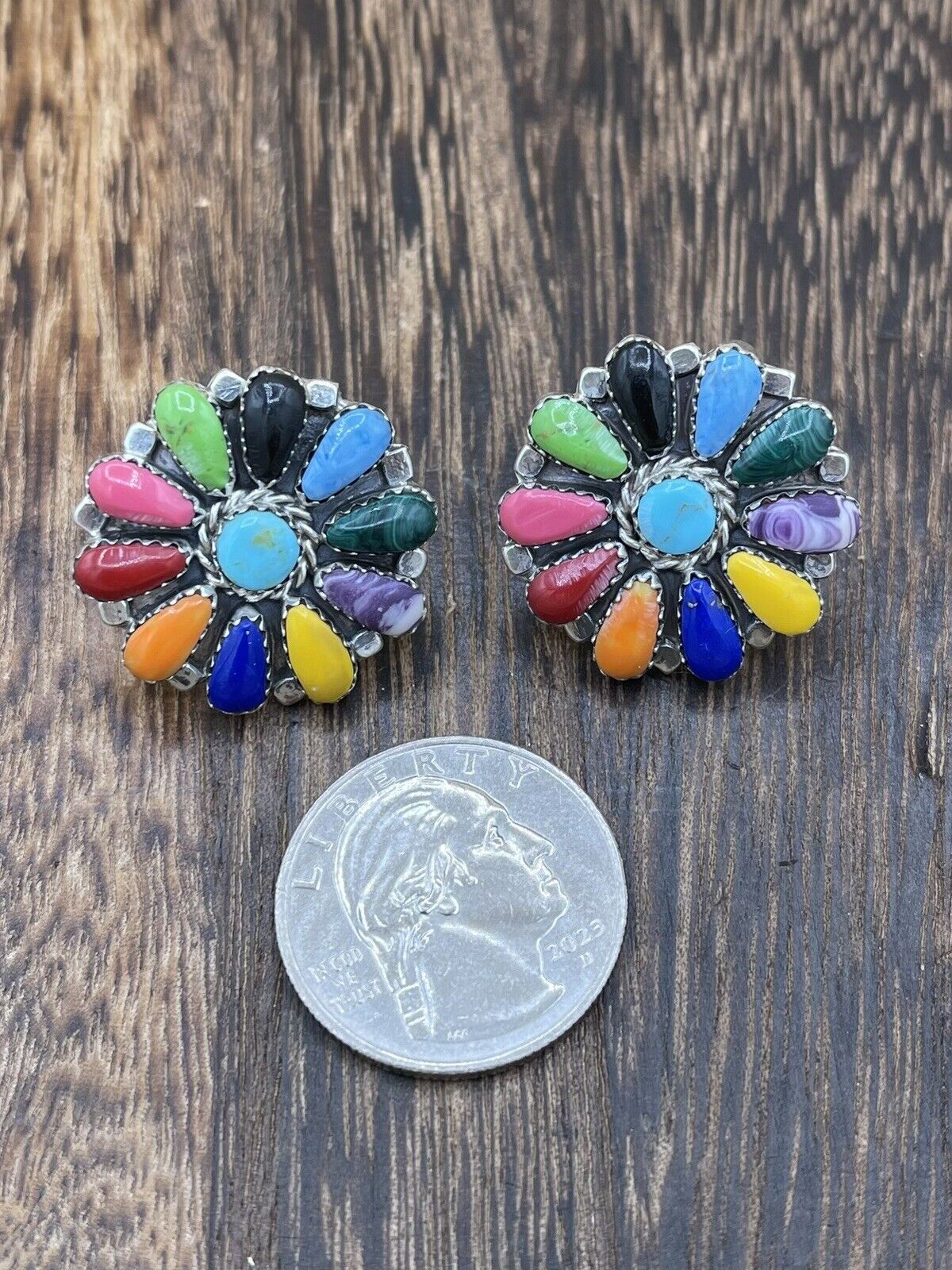 Native American Navajo Handmade Sterling Silver Multicolor Cluster Stud Earrings