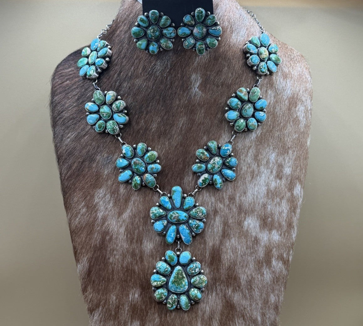 Navajo Handmade Sterling Silver Sonoran Turquoise Cluster Lariat Necklace 24”