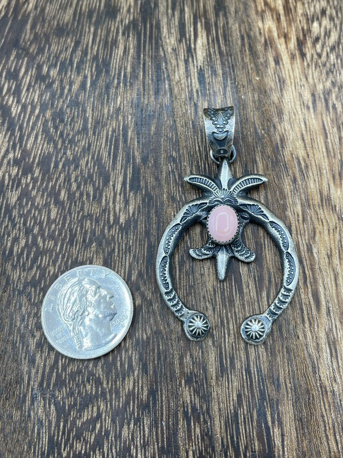 Native American Indian  Navajo Handmade Silver Old Look Pink Concho Naja Pendant