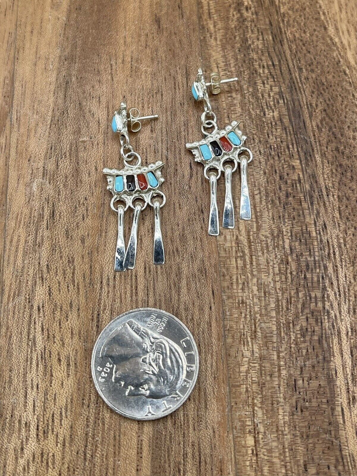 Native American Zuni handmade Sterling Silver Multi Stone Inlay Dangle Necklace