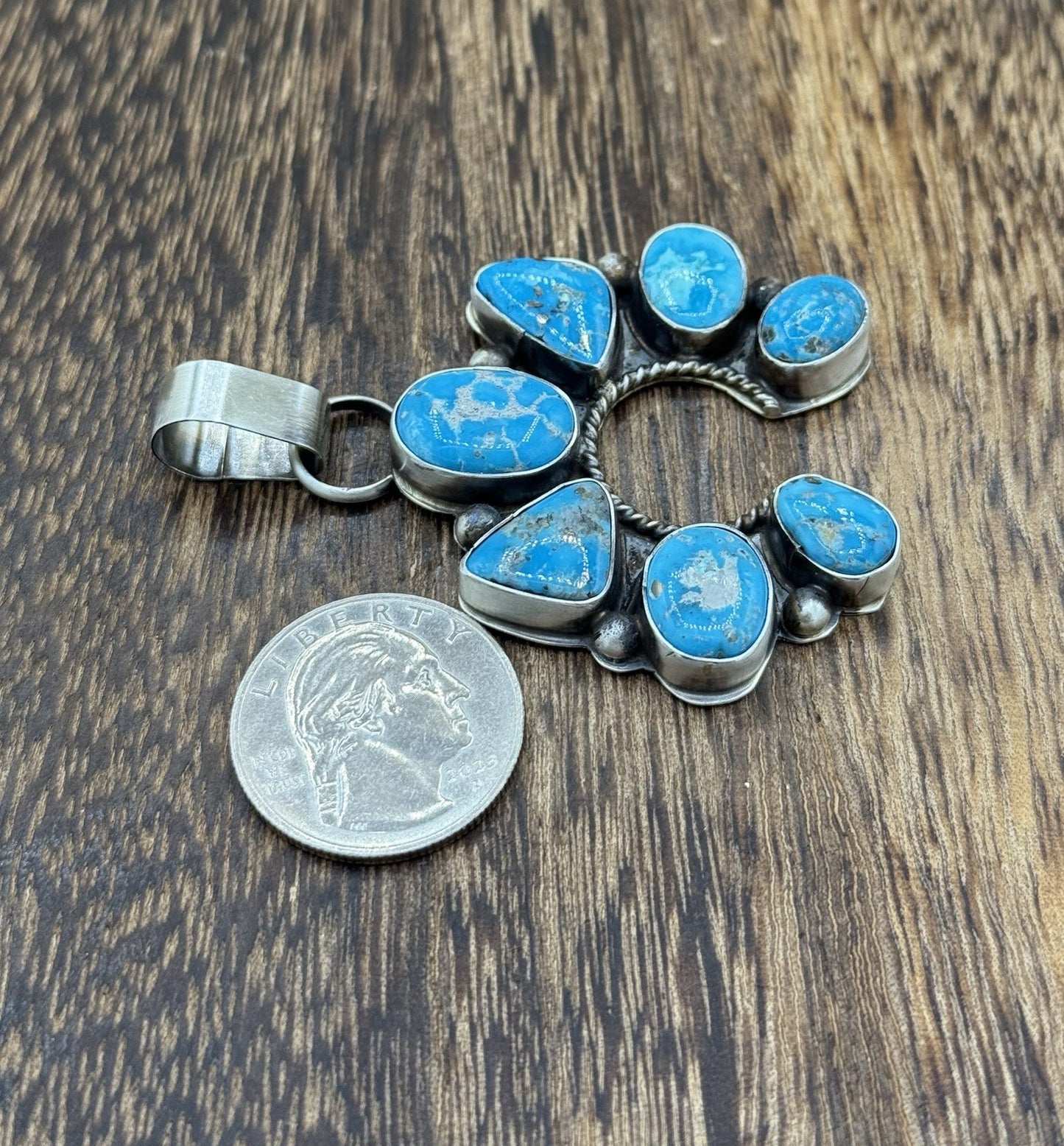 Native Navajo Handmade Sterling Silver Blue Ridge Turquoise Cluster Naja Pendant