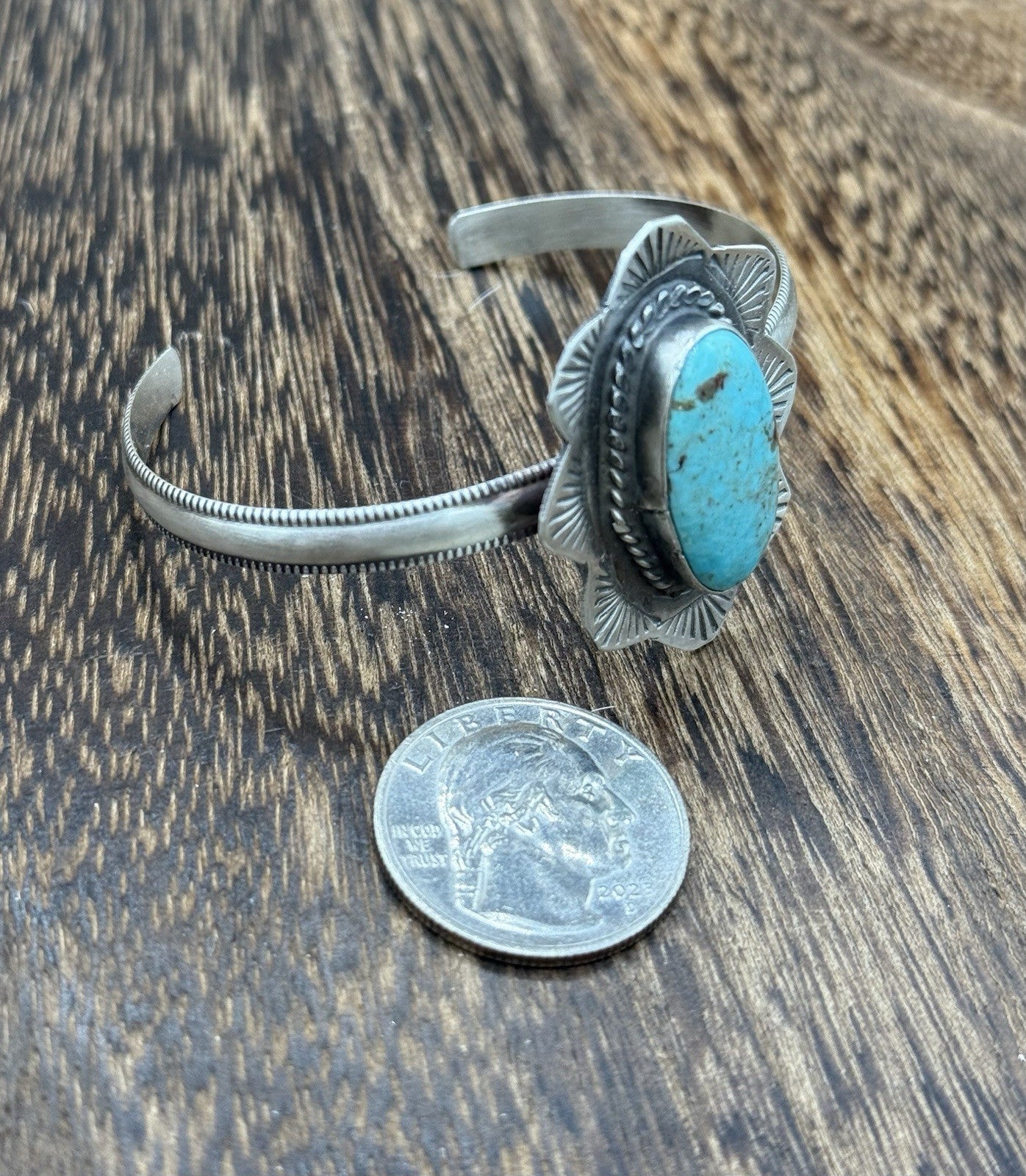 Native Navajo Handmade Sterling Silver Kingman Turquoise Cuff Stamped Bracelet
