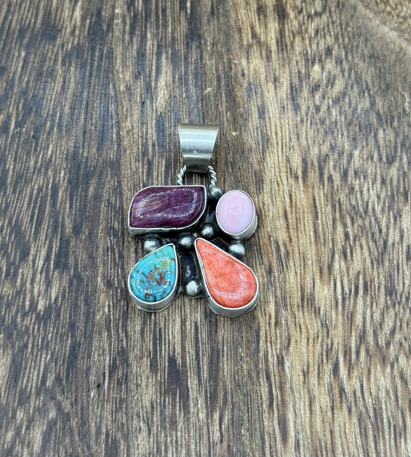 Navajo Handmade Sterling Silver Multi Color Turquoise Spiny Cluster Pendant