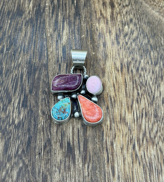Navajo Handmade Sterling Silver Multi Color Turquoise Spiny Cluster Pendant