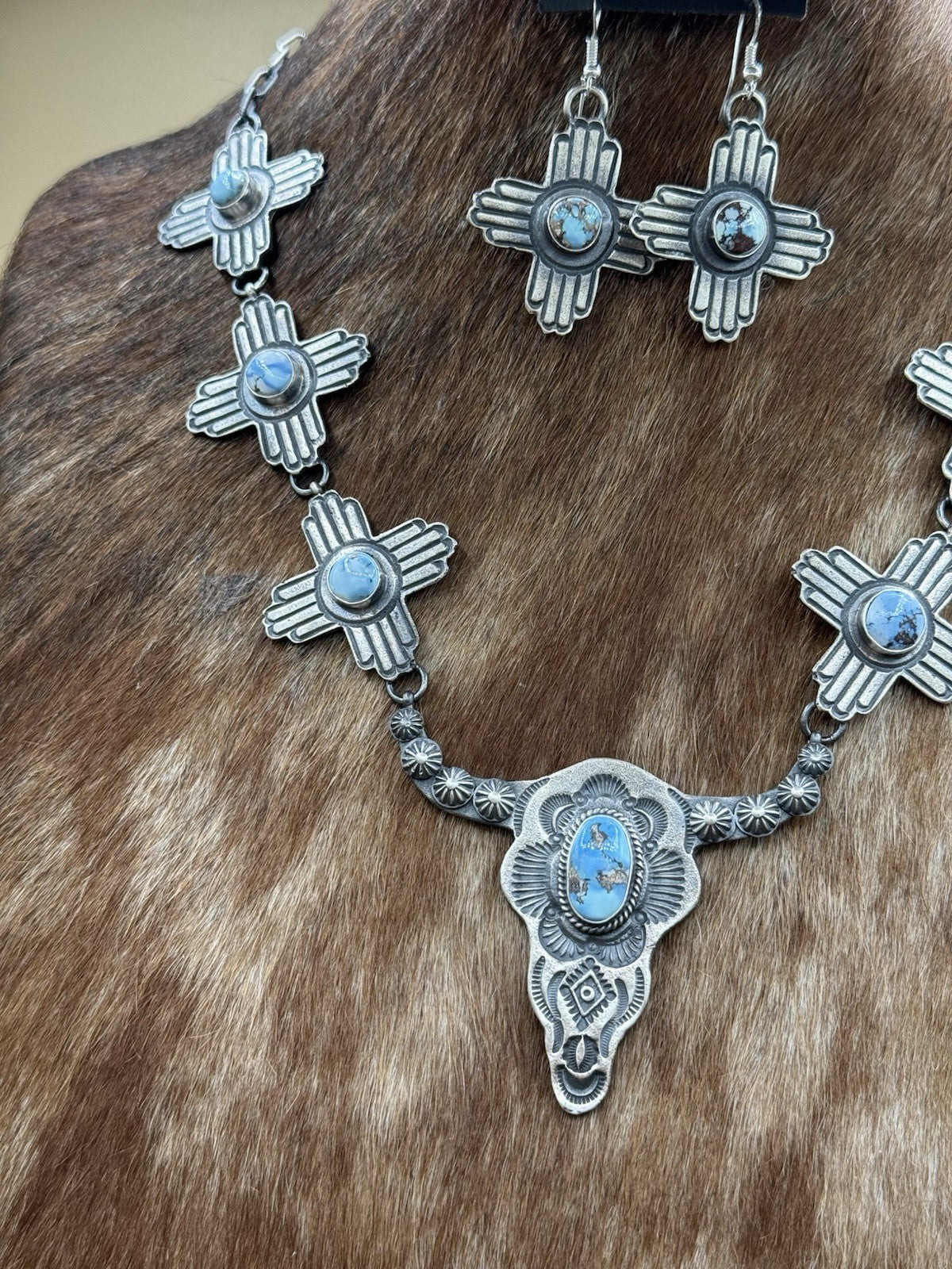 Navajo Handmade Sterling Silver Golden Hills Turquoise Longhorn Zia Necklace Set