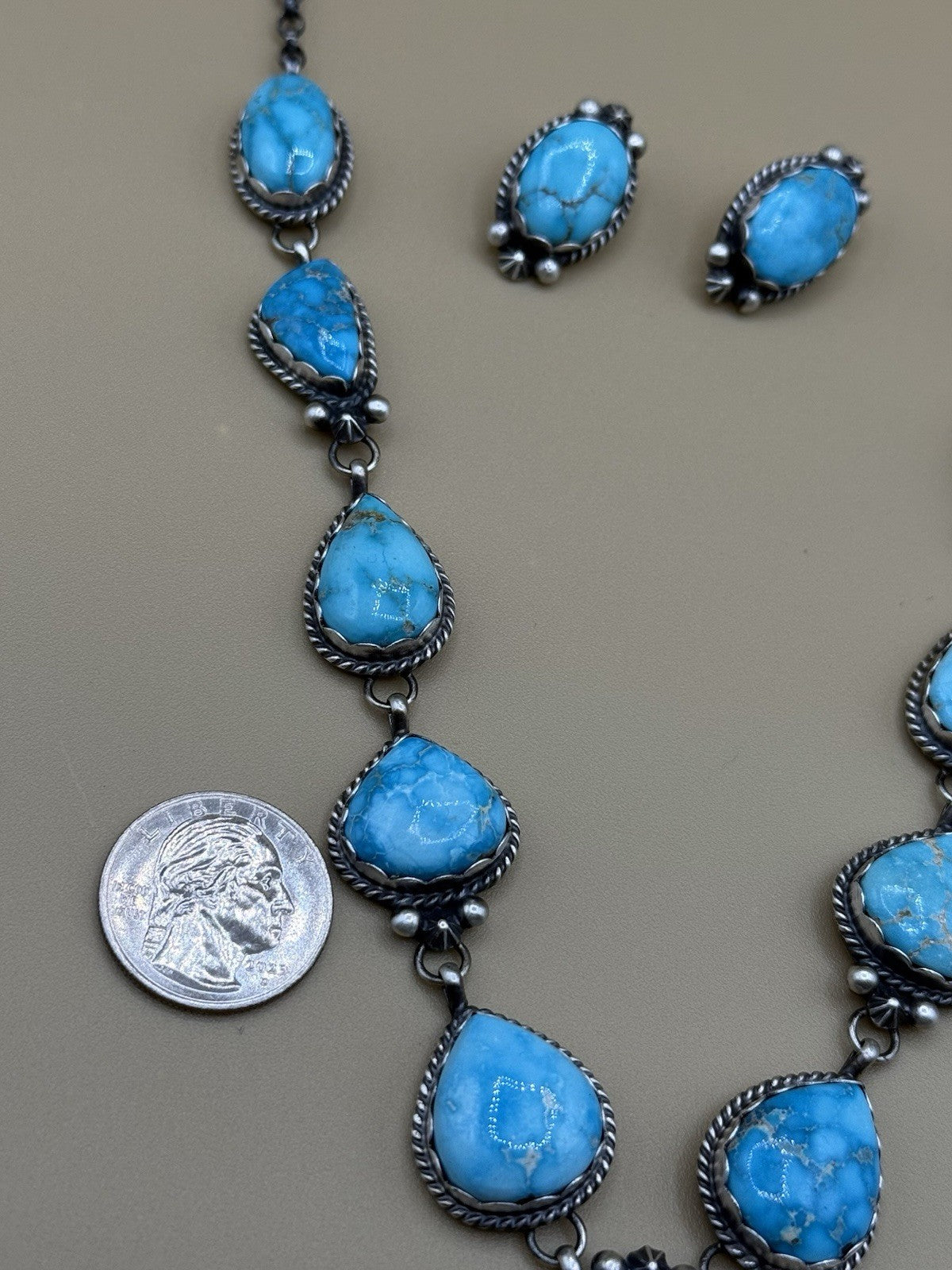 Native Navajo Handmade Sterling Silver Blue Bird Turquoise Y Lariat Necklace 24”