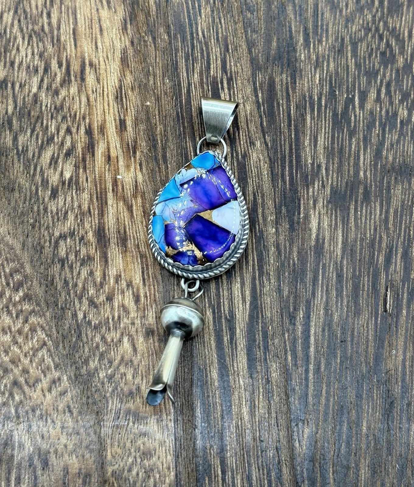 Navajo Handmade Sterling Silver Violet Rose & Blue Dahlia Dangle Blossom Pendant