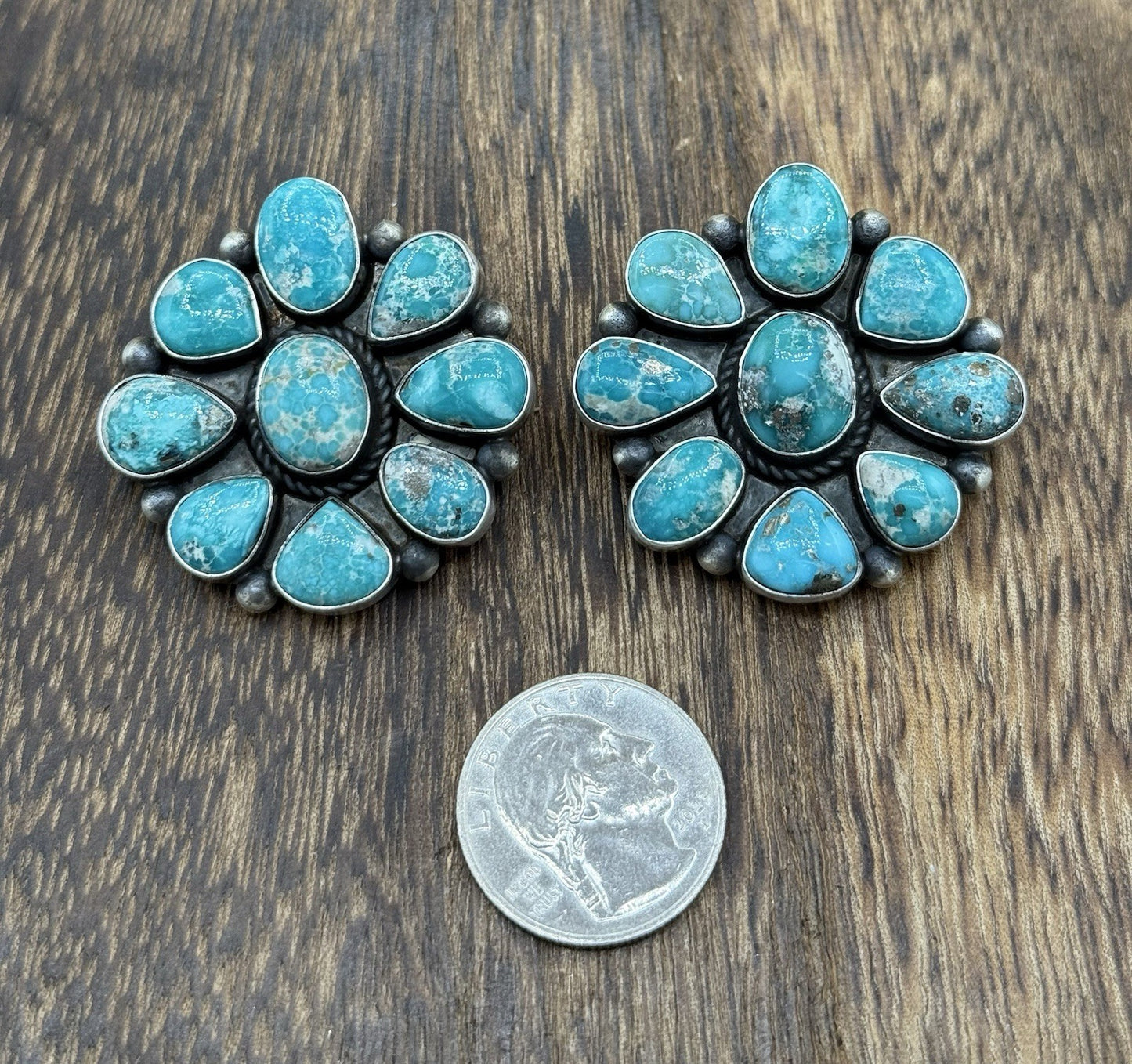 Navajo Handmade Sterling Silver Blue Bird Turquoise Cluster Post Earrings