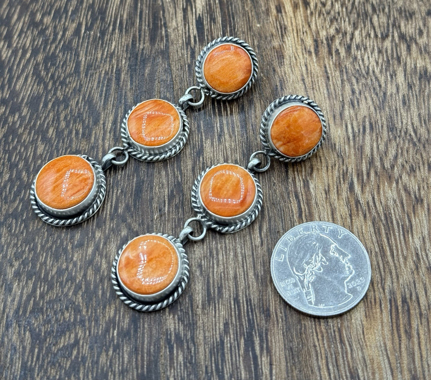 Native Navajo Handmade Sterling Silver Orange Spiny Oyster Post Dangle Earrings