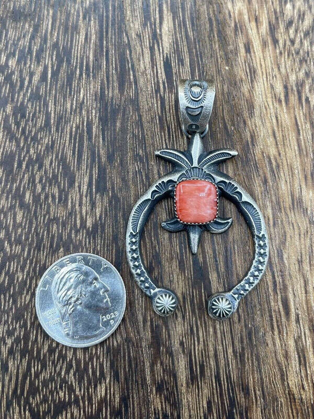 Native American Indian Navajo Handmade Silver Old Look Spiny Oyster Naja Pendant