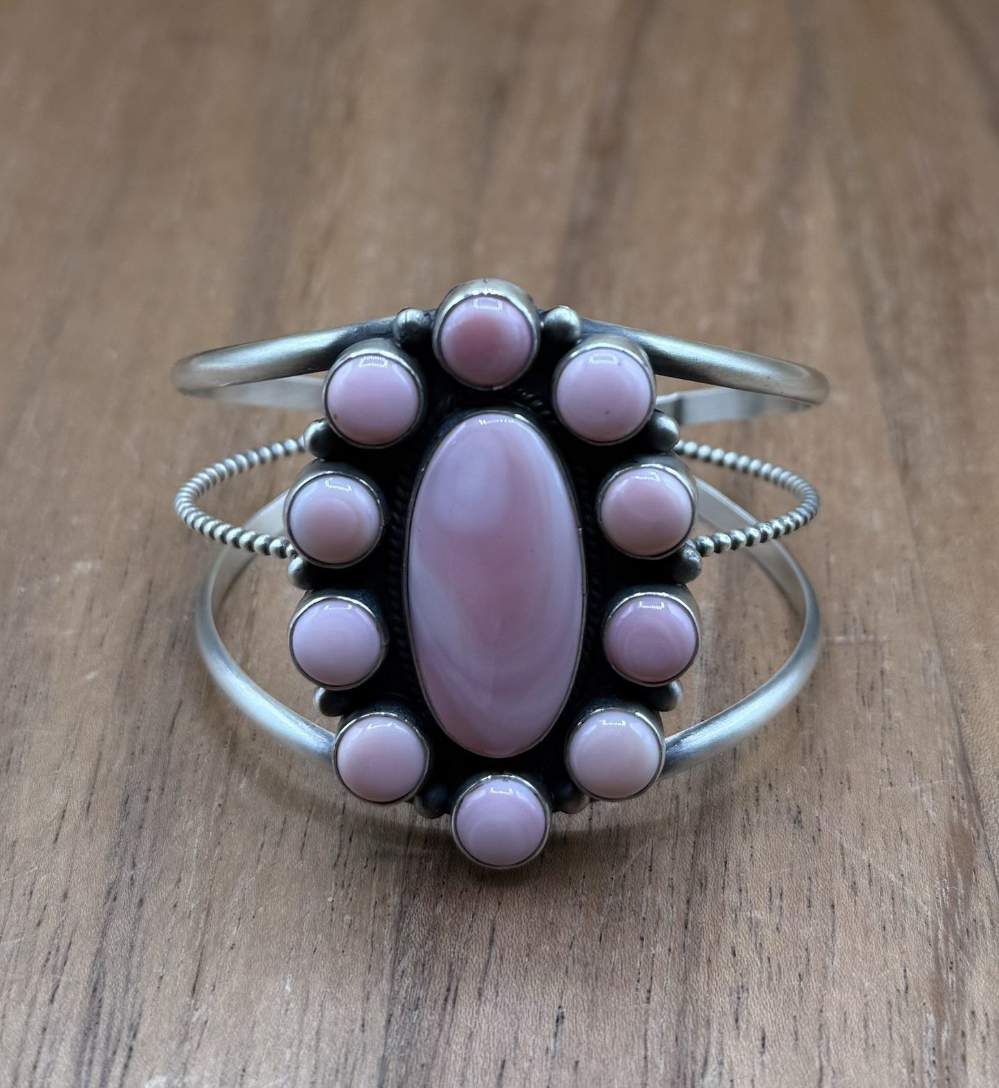 Navajo Handmade Sterling Silver Pink Conch Cluster Cuff Bracelet Large