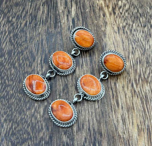 Native Navajo Handmade Sterling Silver Orange Spiny Oyster Post Dangle Earrings