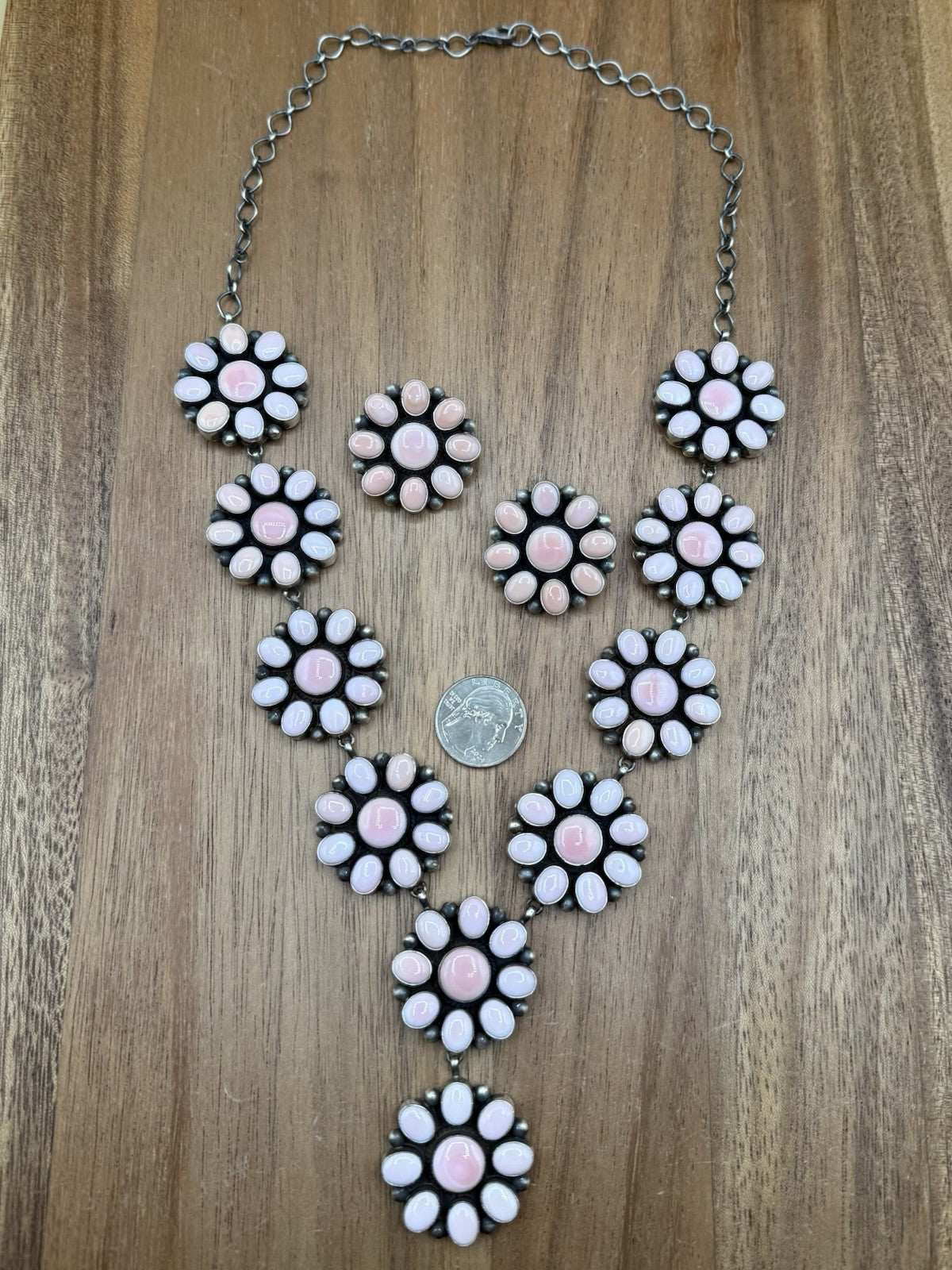 Navajo Handmade Sterling Silver Pink Conch Cluster Lariat Dangle Necklace 24”
