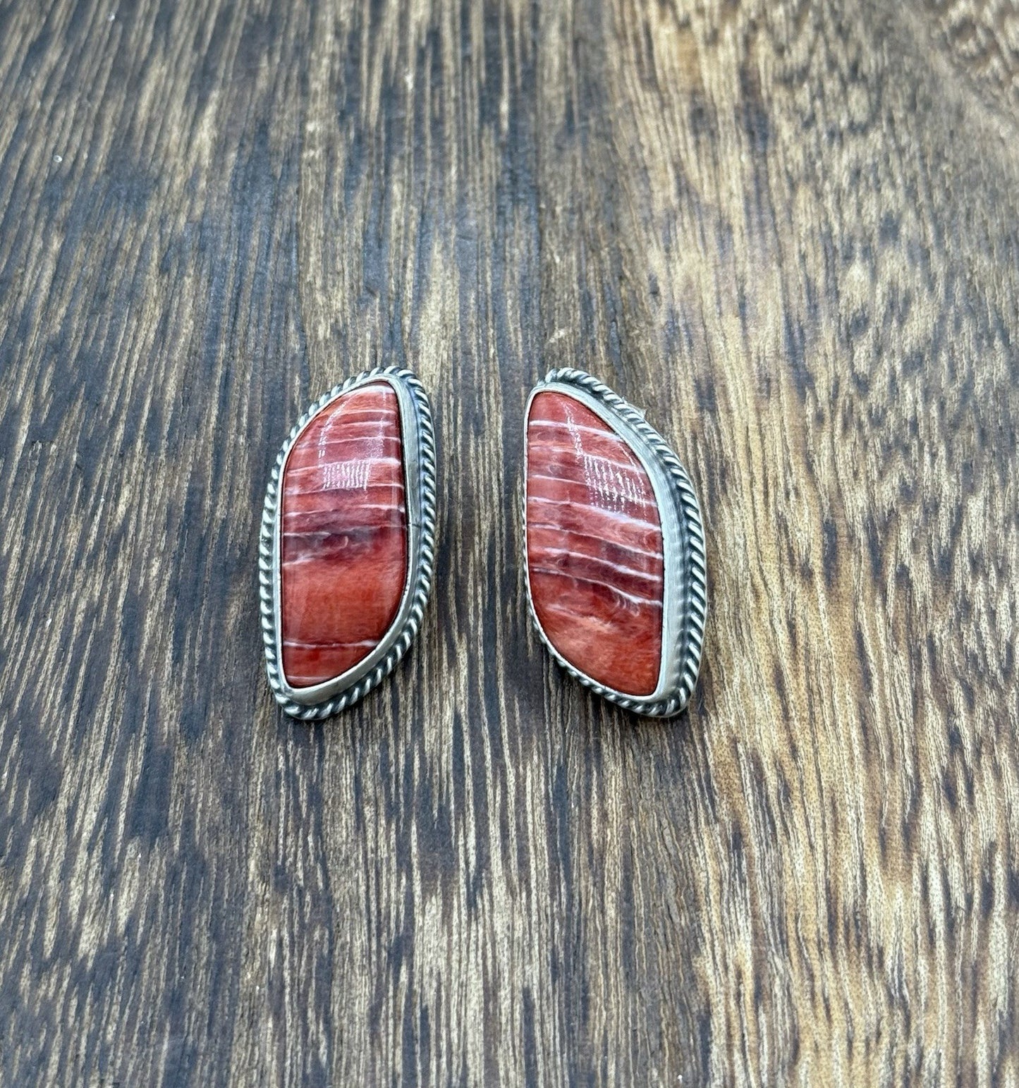 Native Navajo Handmade Sterling Silver Red Spiny Oyster Shell Post Stud Earrings