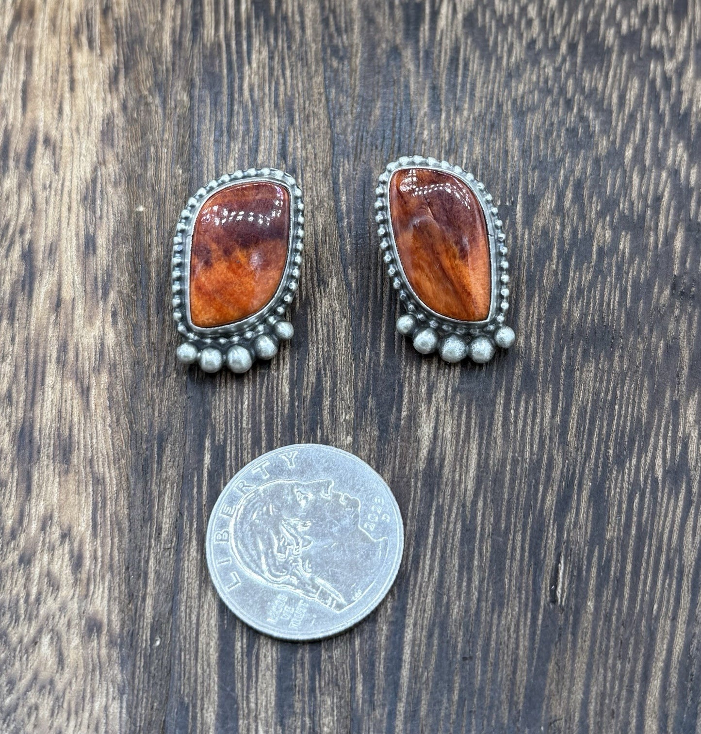 Native Navajo Handmade Sterling Silver Orange Spiny Oyster Post Stud Earrings