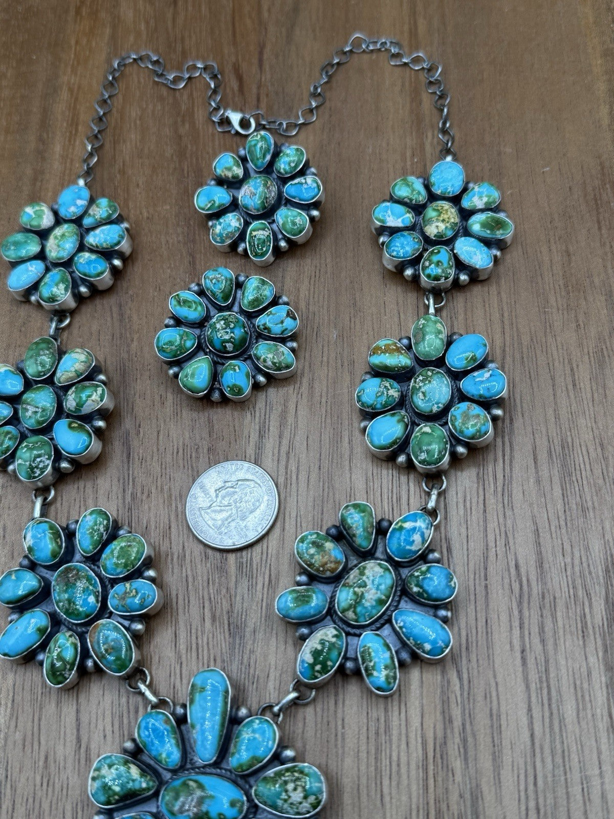 Navajo Handmade Sterling Silver Sonoran Turquoise Cluster Lariat Necklace 24”