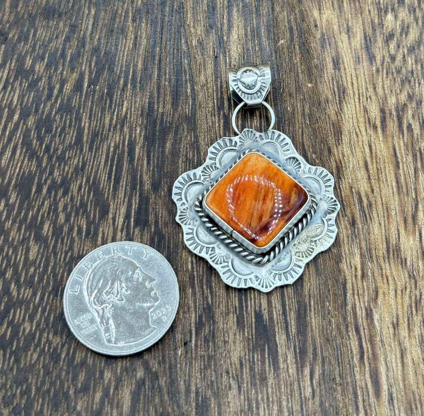 Navajo Handmade Sterling Silver Orange Spiny Oyster Shell Stamped Drop Pendant