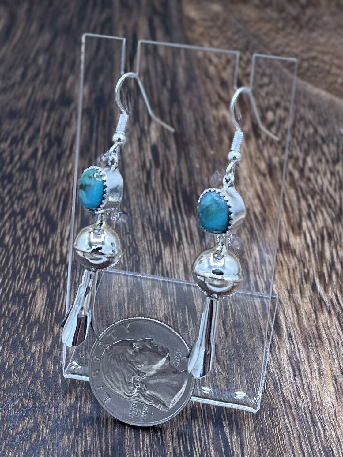 Native American Silver Navajo Handmade Turquoise Dangle Blossom Earrings shiny