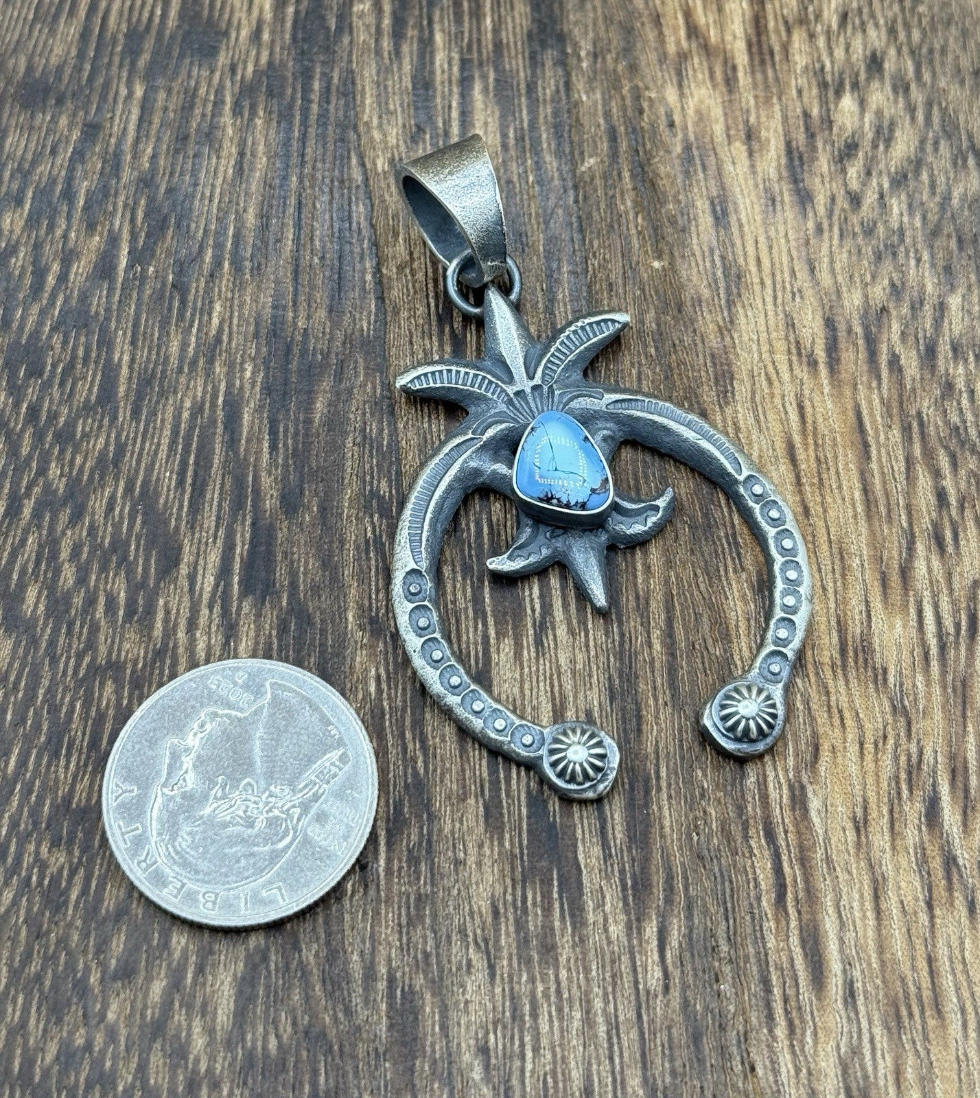 Navajo Handmade Sterling Silver Old Look Golden Hills Turquoise Naja Pendant